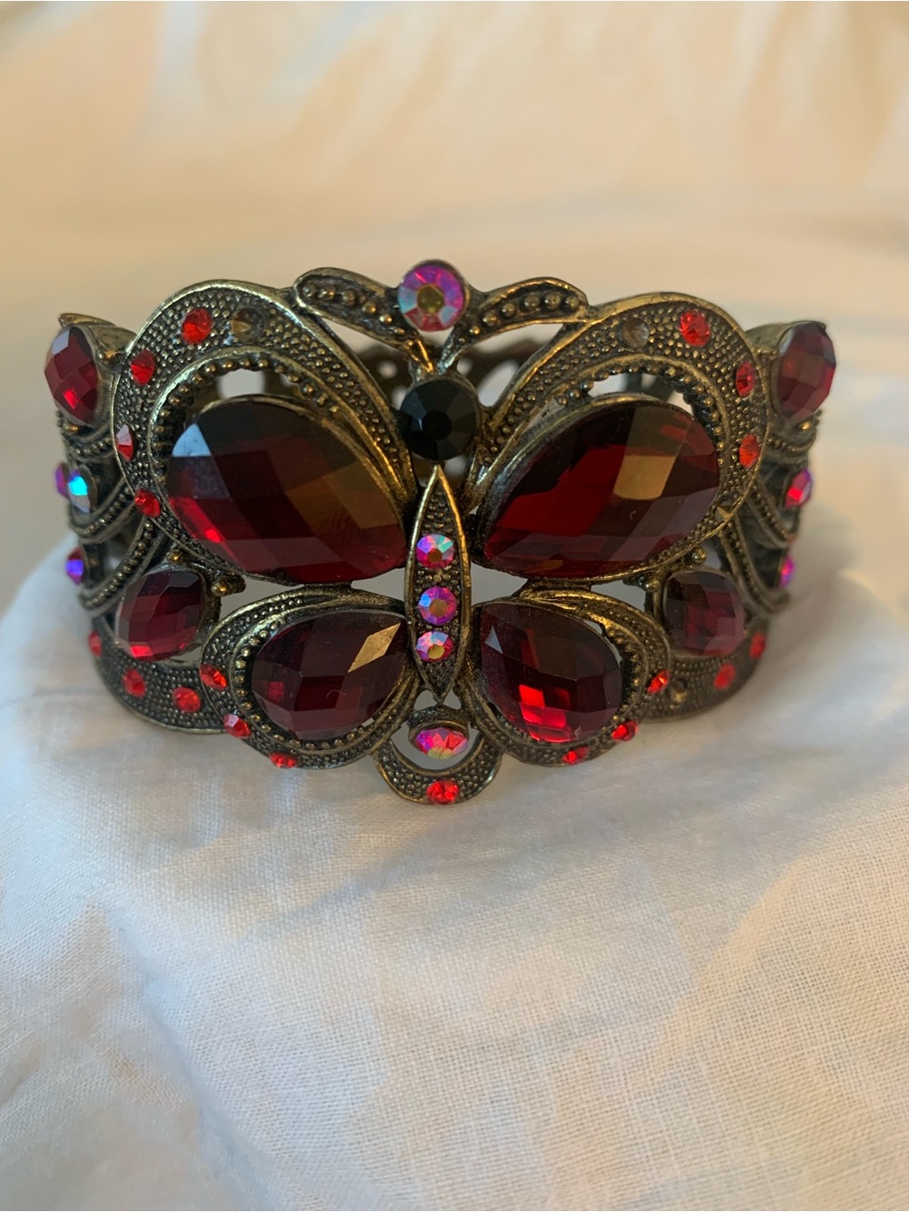 Antique Gold-Tone Red Crystal Butterfly Cuff Bracelet